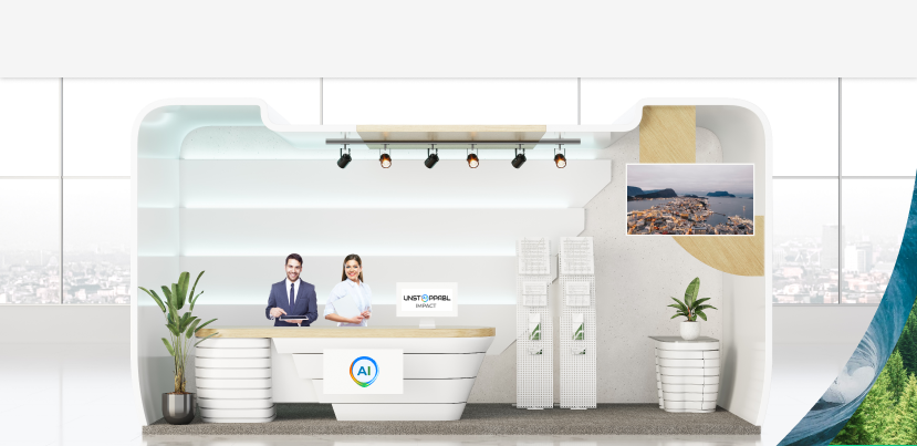 Photorealistic online event exhibition booth with representatives, on Unstoppabl