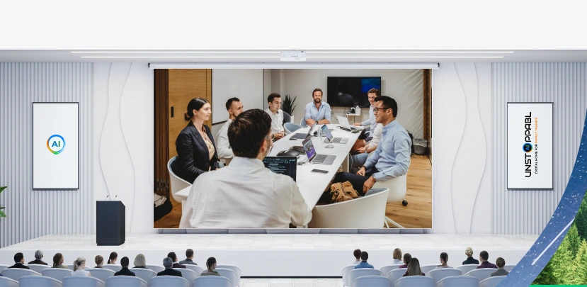Photorealistic online event auditorium with live webinar, on Unstoppabl